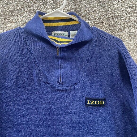 Vintage Izod Sweater Mens Extra Large Blue Yellow Quarter Zip Pullover Cotton - Picture 2 of 11